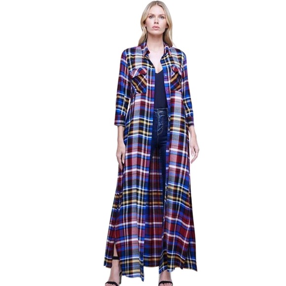 L'AGENCE Cameron Plaid Maxi Shirtdress M Tie Front Long Duster Cardigan $475 - Picture 3 of 14